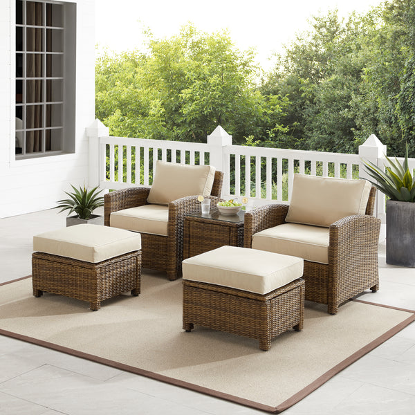 Bradenton 5Pc Outdoor Wicker Armchair Set Sand/ Weathered Brown - Side Table, 2 Arm Chairs & 2 Ottomans