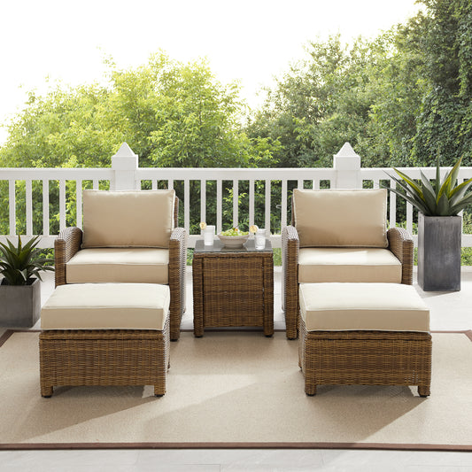 Bradenton 5Pc Outdoor Wicker Armchair Set Sand/ Weathered Brown - Side Table, 2 Arm Chairs & 2 Ottomans