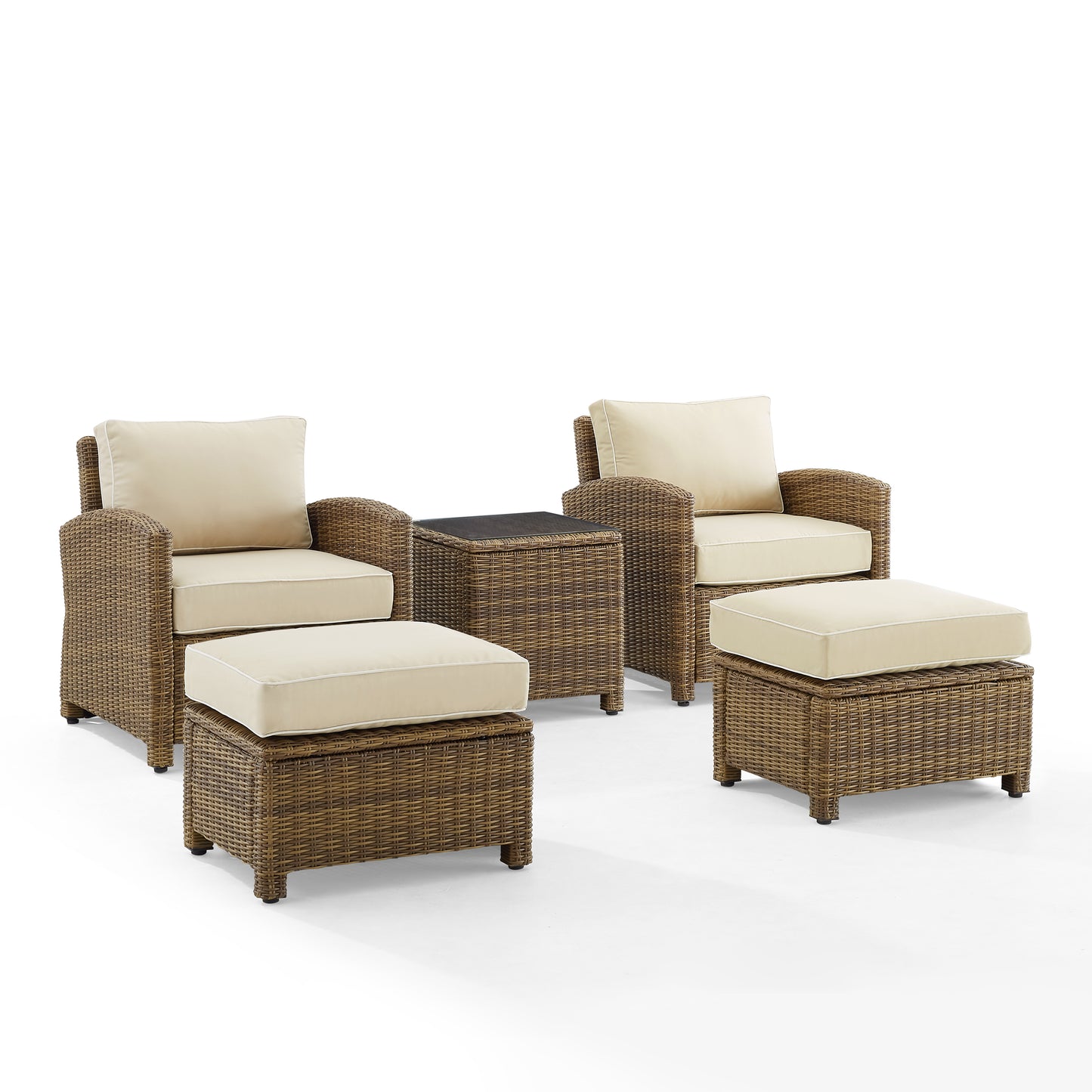 Bradenton 5Pc Outdoor Wicker Armchair Set Sand/ Weathered Brown - Side Table, 2 Arm Chairs & 2 Ottomans