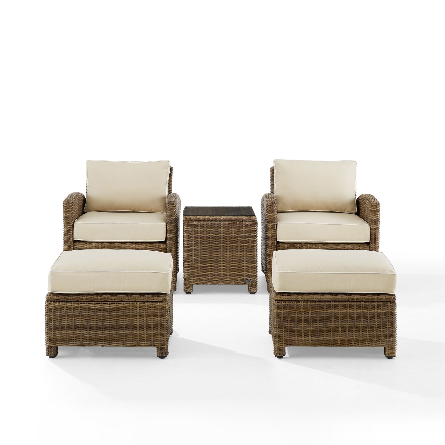 Bradenton 5Pc Outdoor Wicker Armchair Set Sand/ Weathered Brown - Side Table, 2 Arm Chairs & 2 Ottomans