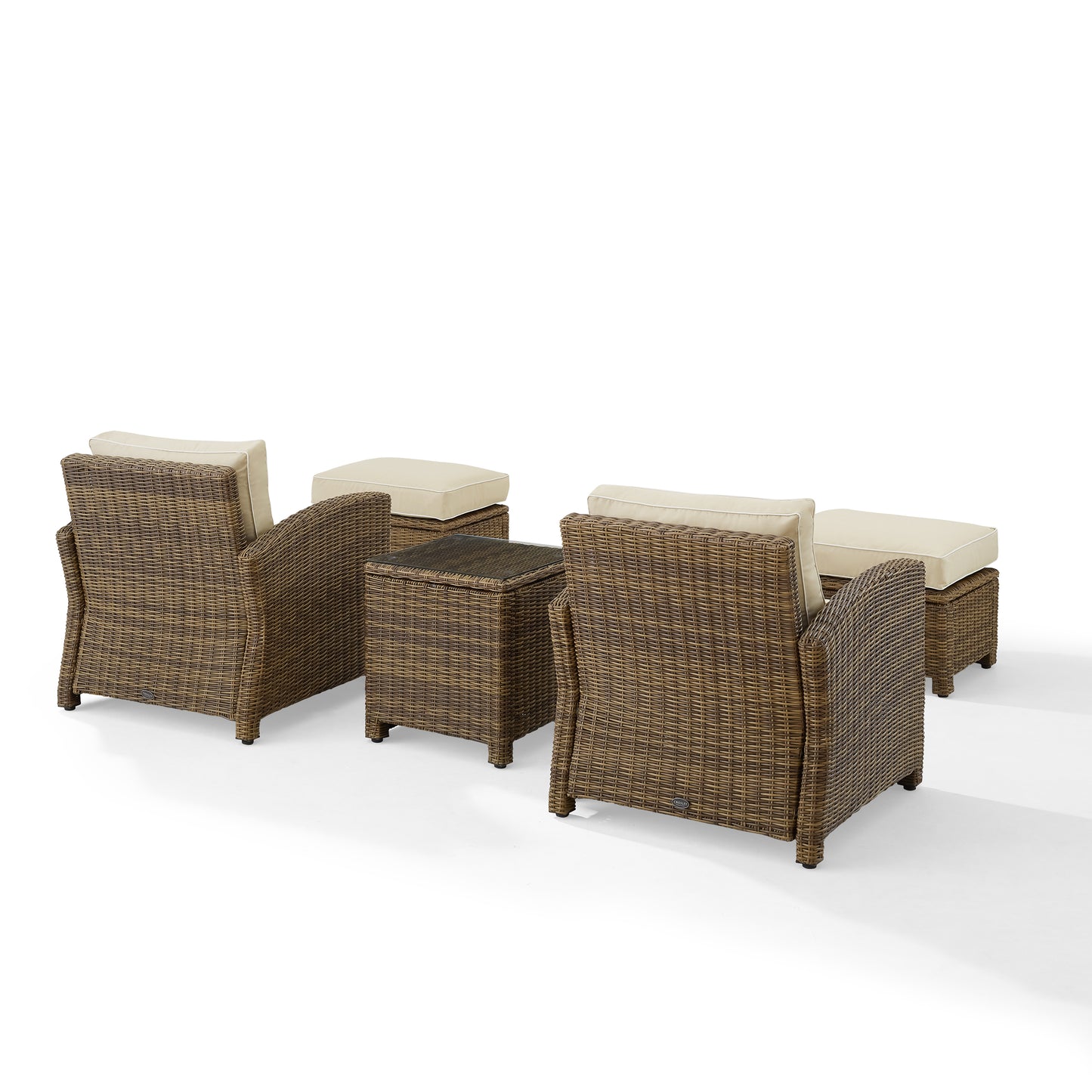 Bradenton 5Pc Outdoor Wicker Armchair Set Sand/ Weathered Brown - Side Table, 2 Arm Chairs & 2 Ottomans