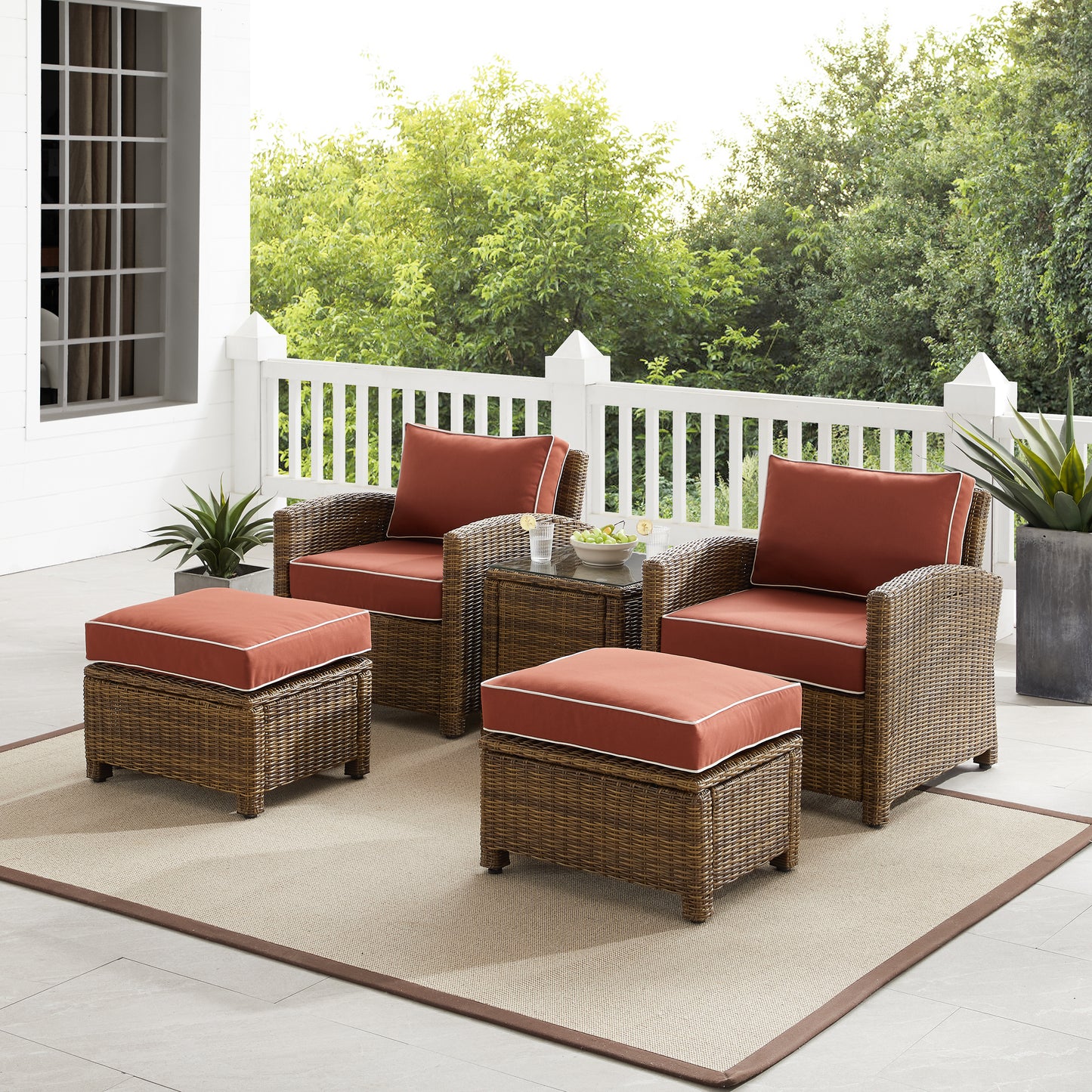 Bradenton 5Pc Outdoor Wicker Armchair Set Sangria/ Weathered Brown - Side Table, 2 Arm Chairs & 2 Ottomans