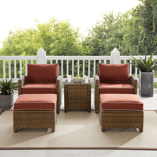 Bradenton 5Pc Outdoor Wicker Armchair Set Sangria/ Weathered Brown - Side Table, 2 Arm Chairs & 2 Ottomans