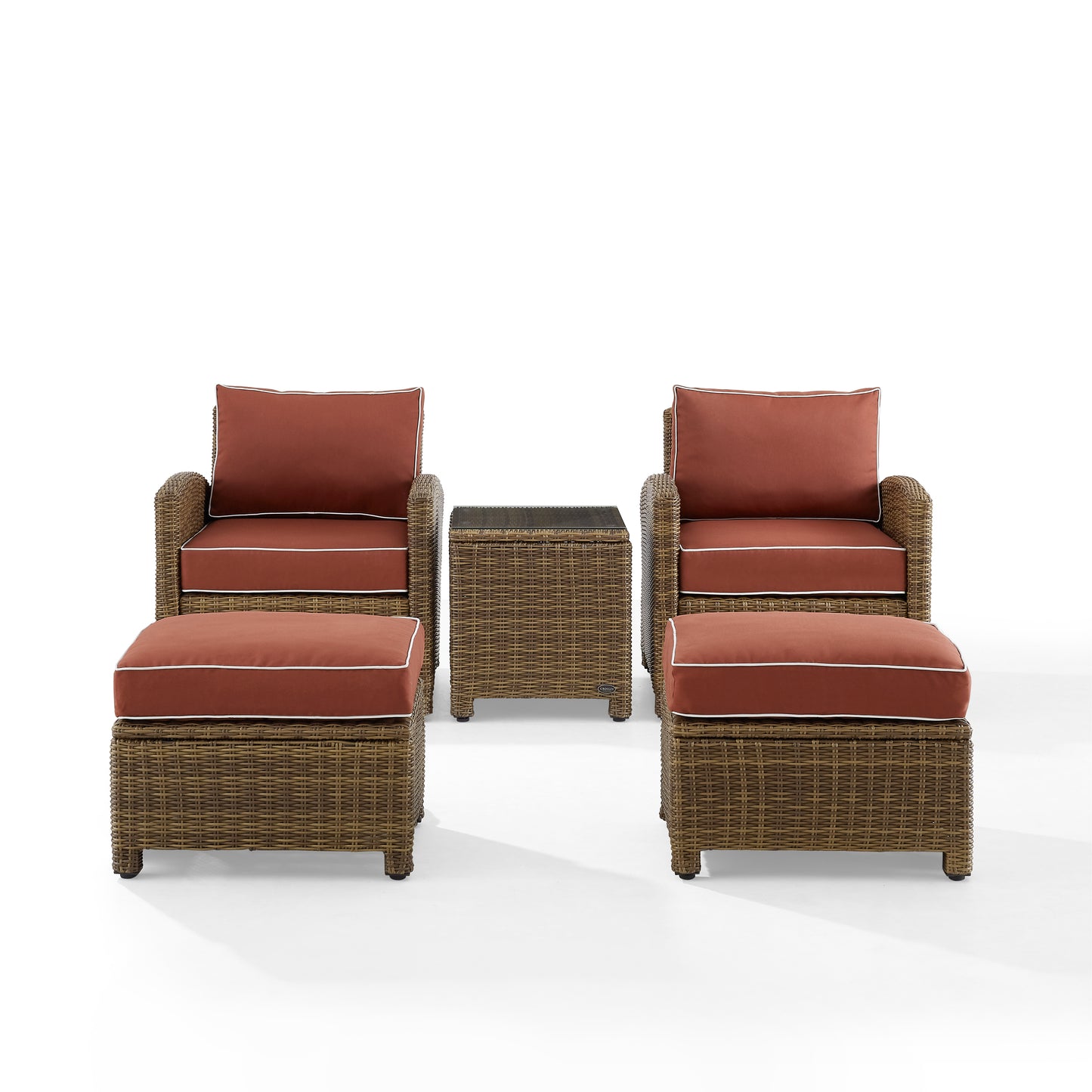 Bradenton 5Pc Outdoor Wicker Armchair Set Sangria/ Weathered Brown - Side Table, 2 Arm Chairs & 2 Ottomans