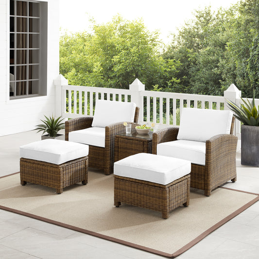 Bradenton 5Pc Outdoor Armchair Set - Sunbrella White/Weathered Brown - Side Table, 2 Arm Chairs & 2 Ottomans