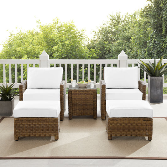 Bradenton 5Pc Outdoor Armchair Set - Sunbrella White/Weathered Brown - Side Table, 2 Arm Chairs & 2 Ottomans