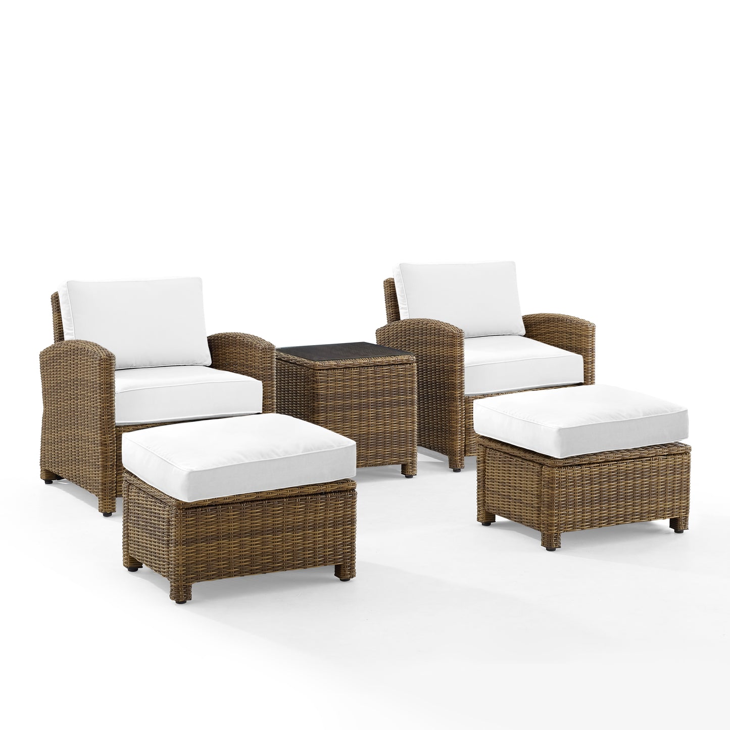 Bradenton 5Pc Outdoor Armchair Set - Sunbrella White/Weathered Brown - Side Table, 2 Arm Chairs & 2 Ottomans