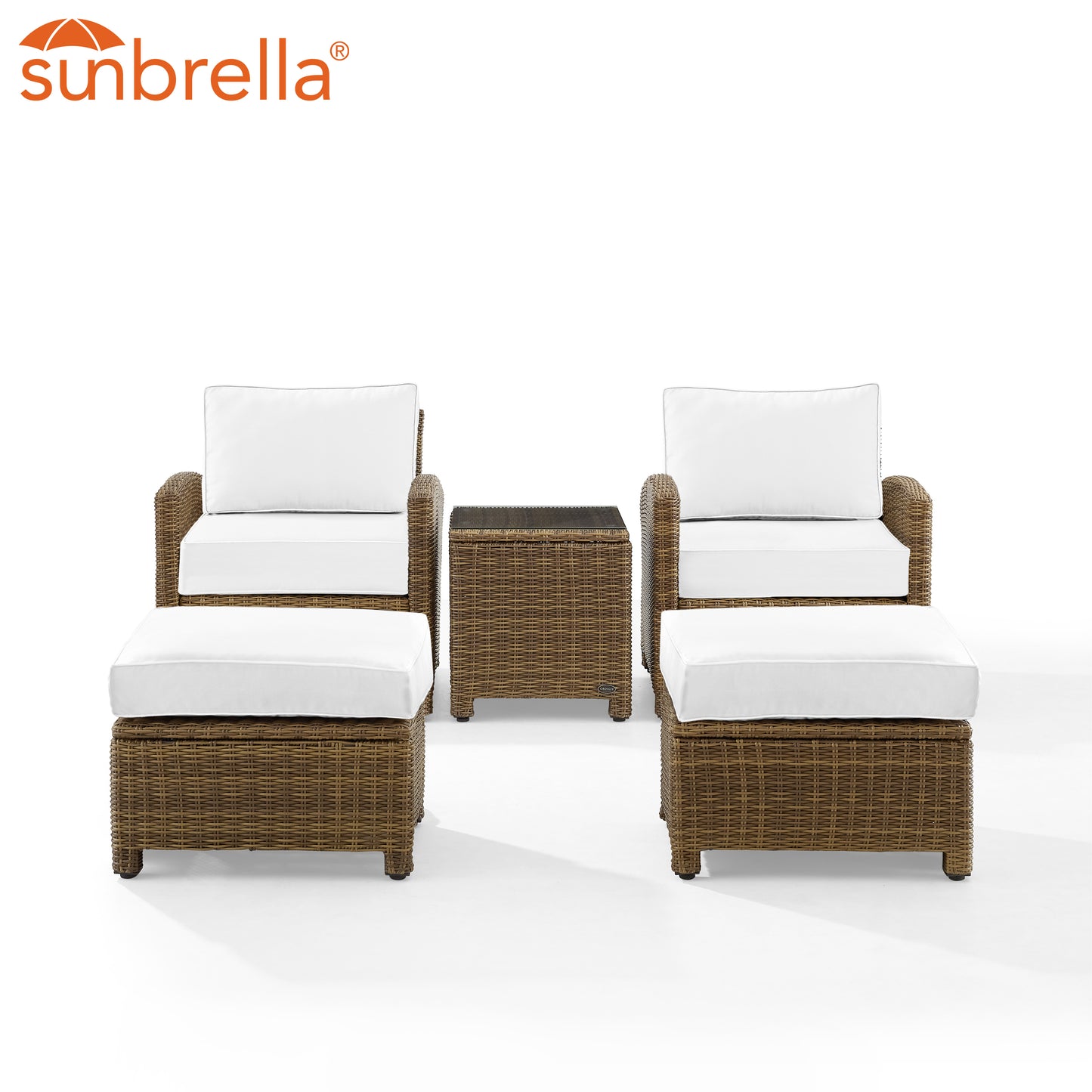 Bradenton 5Pc Outdoor Armchair Set - Sunbrella White/Weathered Brown - Side Table, 2 Arm Chairs & 2 Ottomans