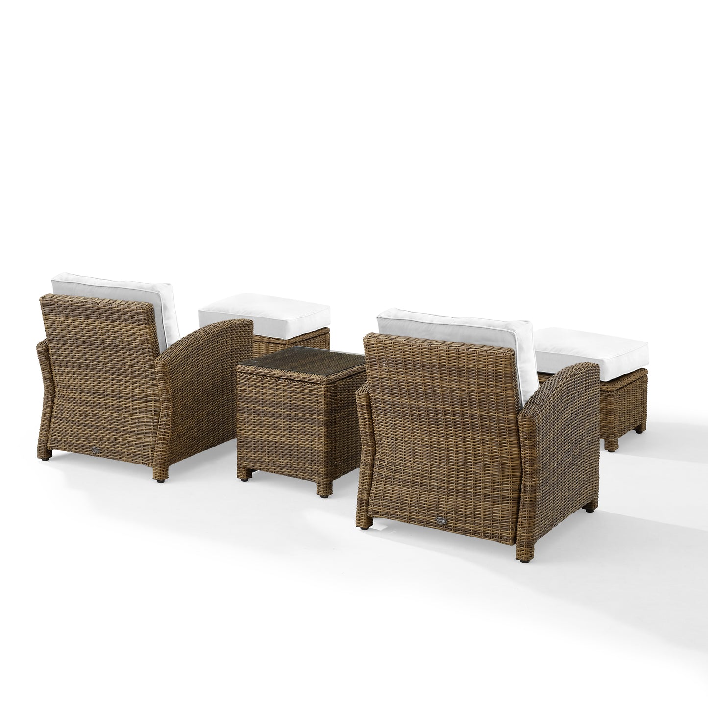 Bradenton 5Pc Outdoor Armchair Set - Sunbrella White/Weathered Brown - Side Table, 2 Arm Chairs & 2 Ottomans