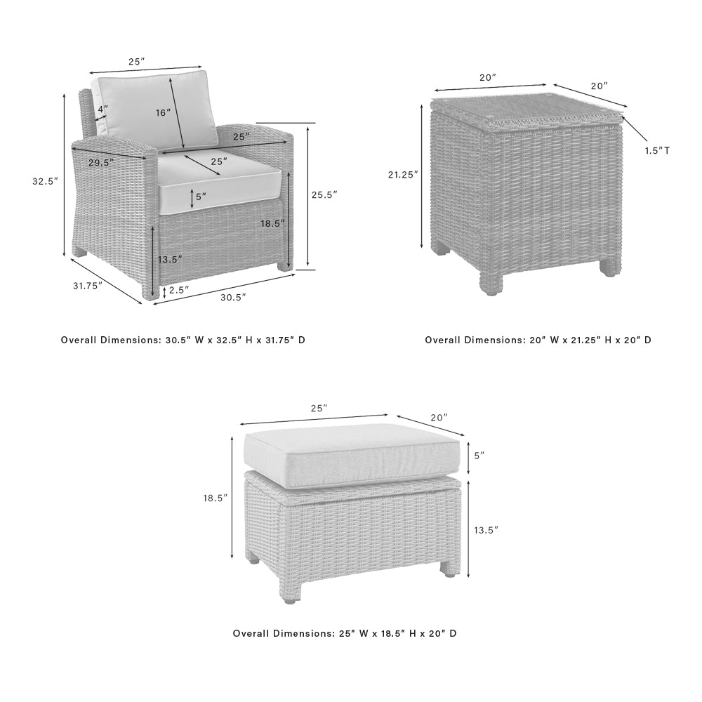 Bradenton 5Pc Outdoor Armchair Set - Sunbrella White/Weathered Brown - Side Table, 2 Arm Chairs & 2 Ottomans