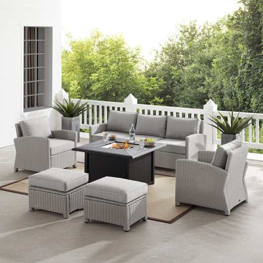 Bradenton 6Pc Outdoor Wicker Sofa Set W/Fire Table Gray - Dante Fire Table, Sofa, 2 Armchairs & 2 Ottomans