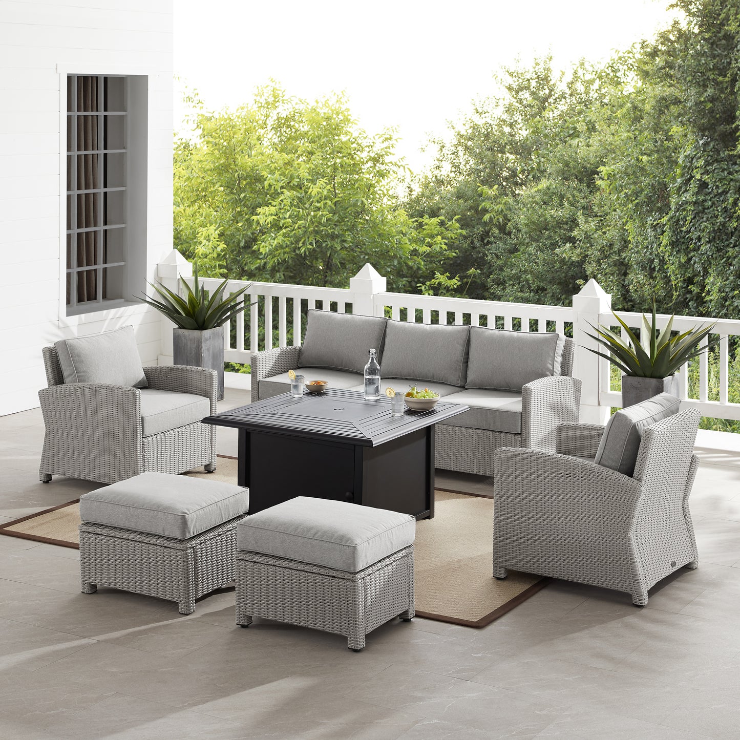 Bradenton 6Pc Outdoor Wicker Sofa Set W/Fire Table Gray - Dante Fire Table, Sofa, 2 Armchairs & 2 Ottomans