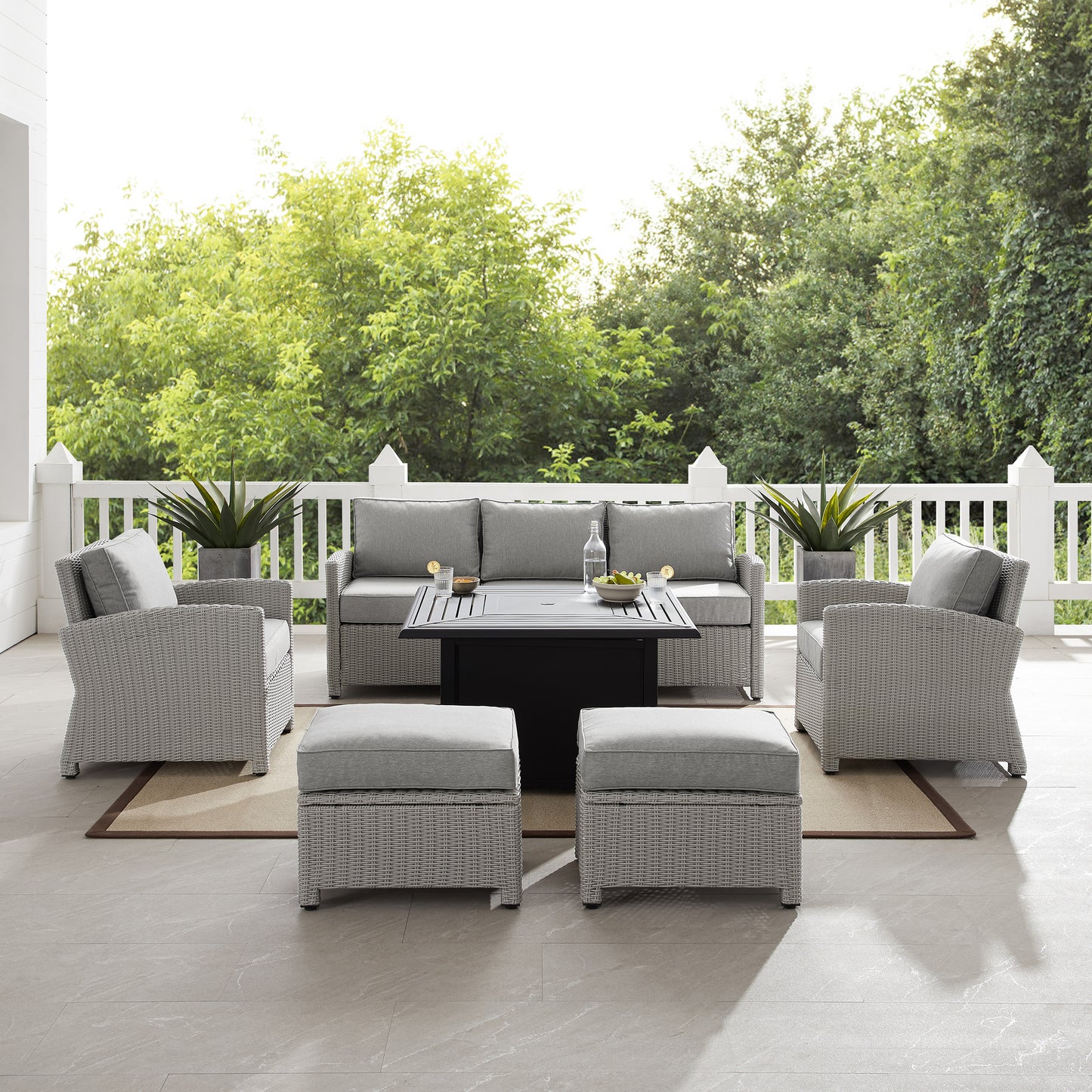 Bradenton 6Pc Outdoor Wicker Sofa Set W/Fire Table Gray - Dante Fire Table, Sofa, 2 Armchairs & 2 Ottomans