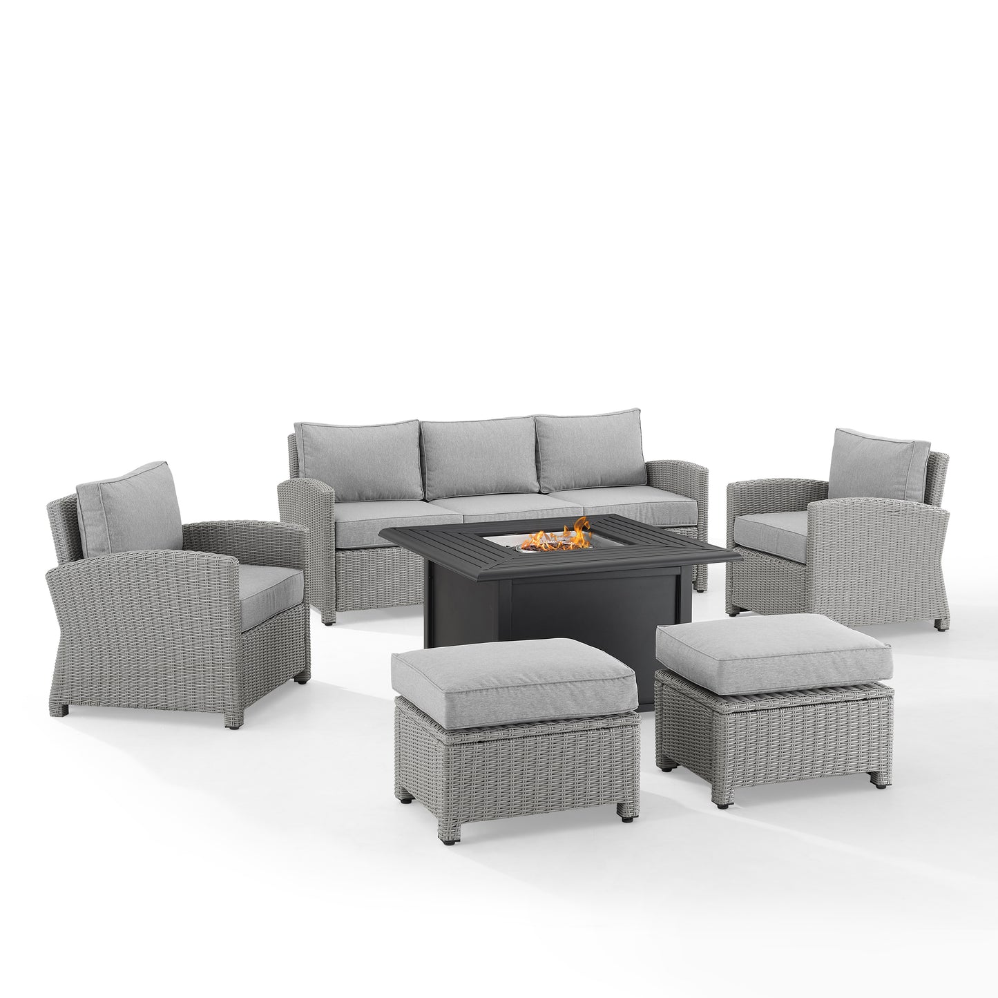 Bradenton 6Pc Outdoor Wicker Sofa Set W/Fire Table Gray - Dante Fire Table, Sofa, 2 Armchairs & 2 Ottomans