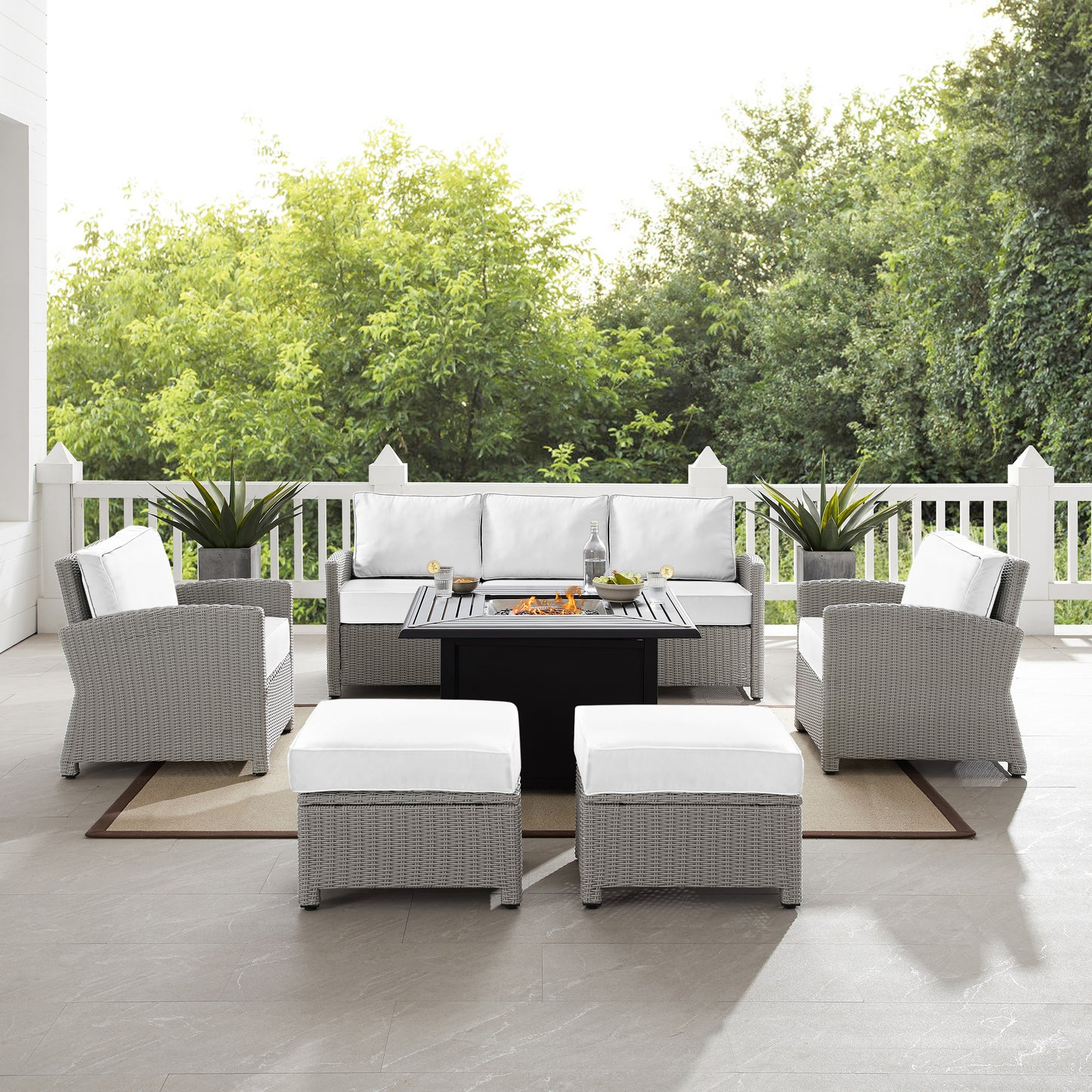 Bradenton 6Pc Outdoor Sofa Set W/Fire Table - Sunbrella White/Gray - Dante Fire Table, Sofa, 2 Armchairs & 2 Ottomans