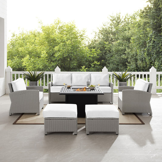 Bradenton 6Pc Outdoor Sofa Set W/Fire Table - Sunbrella White/Gray - Dante Fire Table, Sofa, 2 Armchairs & 2 Ottomans