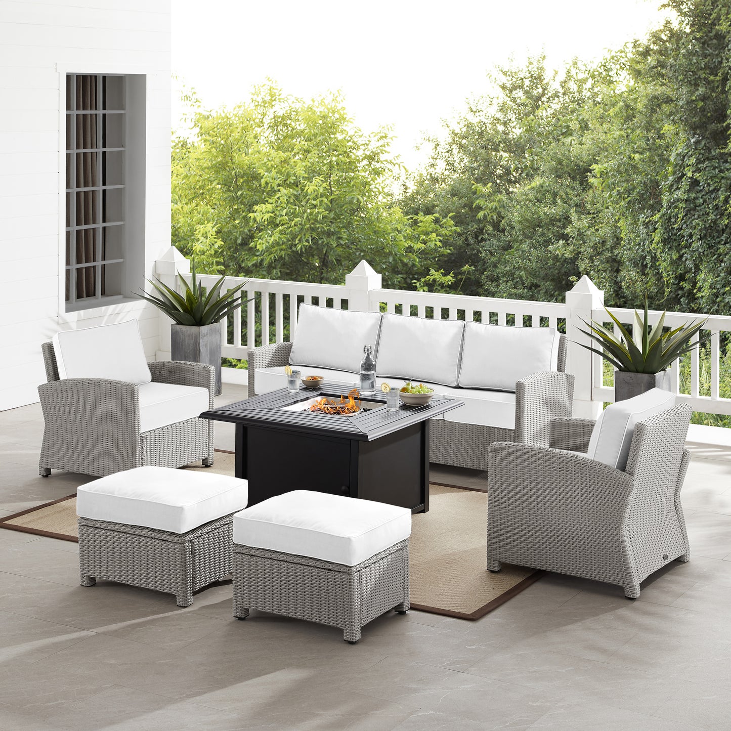 Bradenton 6Pc Outdoor Sofa Set W/Fire Table - Sunbrella White/Gray - Dante Fire Table, Sofa, 2 Armchairs & 2 Ottomans