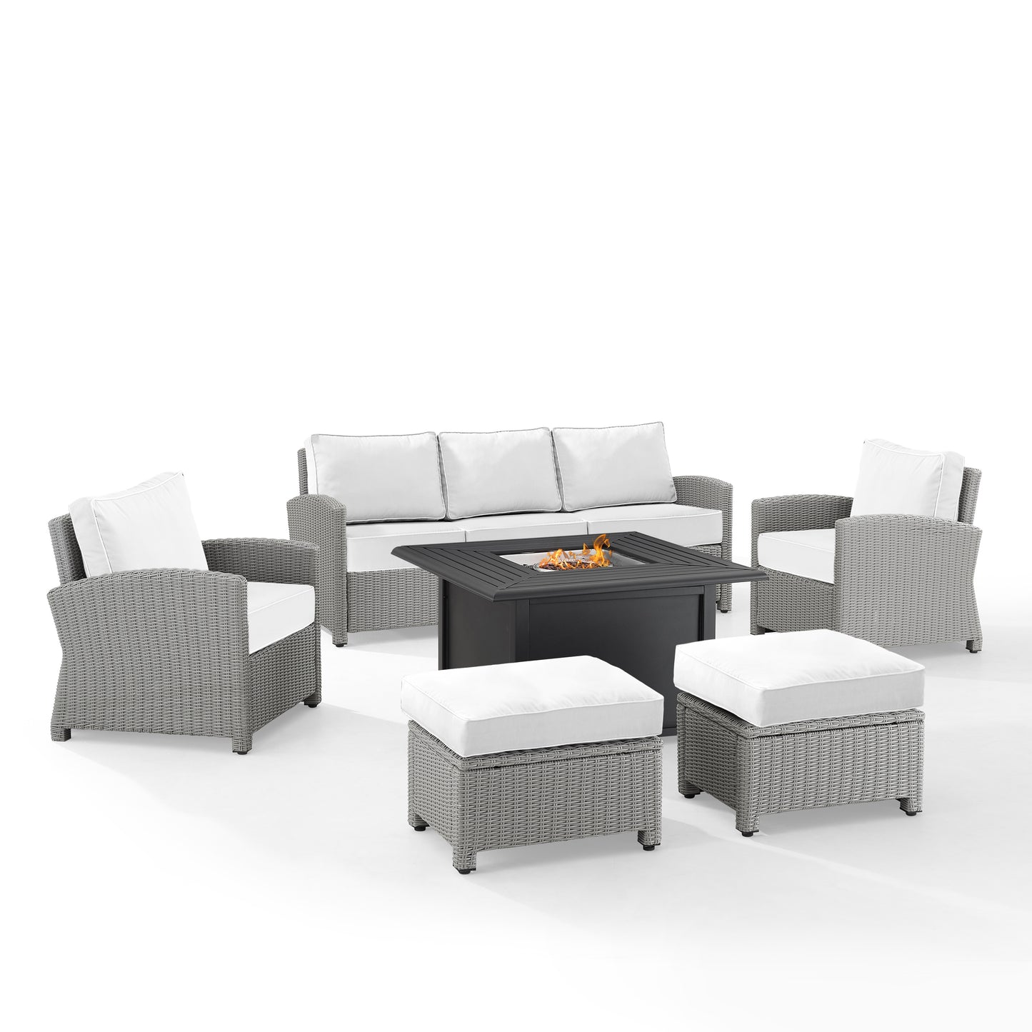 Bradenton 6Pc Outdoor Sofa Set W/Fire Table - Sunbrella White/Gray - Dante Fire Table, Sofa, 2 Armchairs & 2 Ottomans