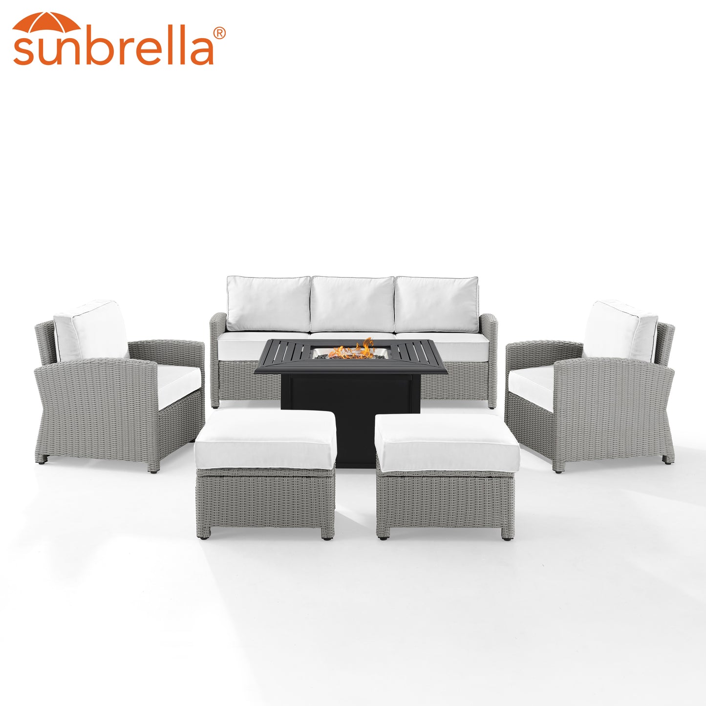 Bradenton 6Pc Outdoor Sofa Set W/Fire Table - Sunbrella White/Gray - Dante Fire Table, Sofa, 2 Armchairs & 2 Ottomans