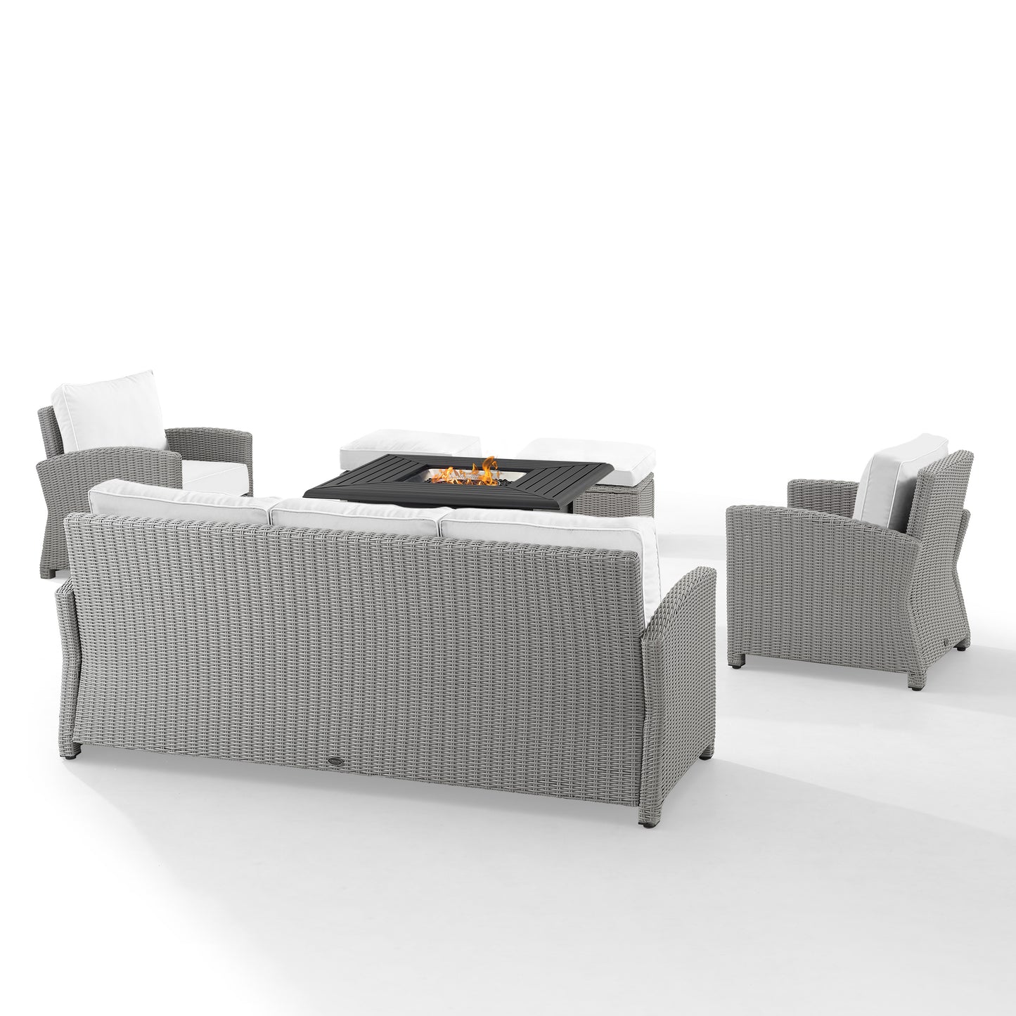 Bradenton 6Pc Outdoor Sofa Set W/Fire Table - Sunbrella White/Gray - Dante Fire Table, Sofa, 2 Armchairs & 2 Ottomans