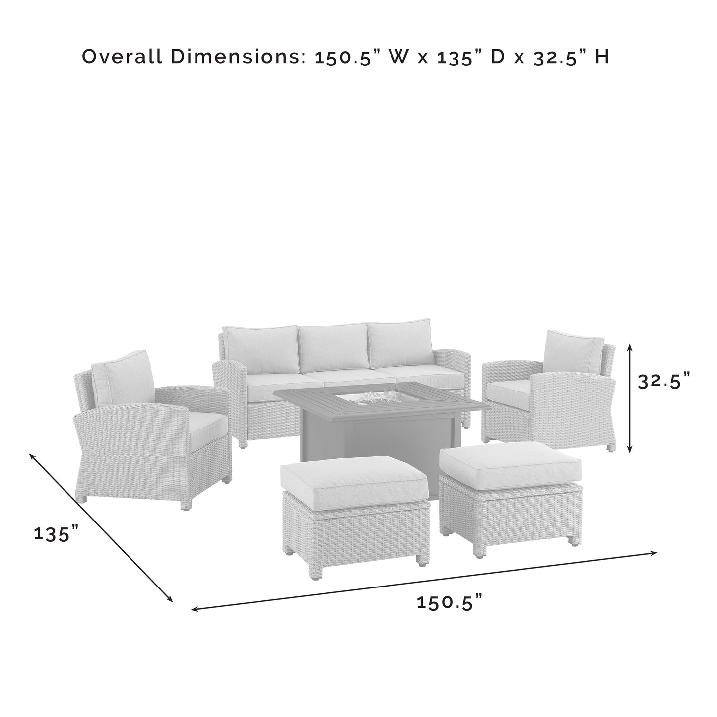 Bradenton 6Pc Outdoor Sofa Set W/Fire Table - Sunbrella White/Gray - Dante Fire Table, Sofa, 2 Armchairs & 2 Ottomans