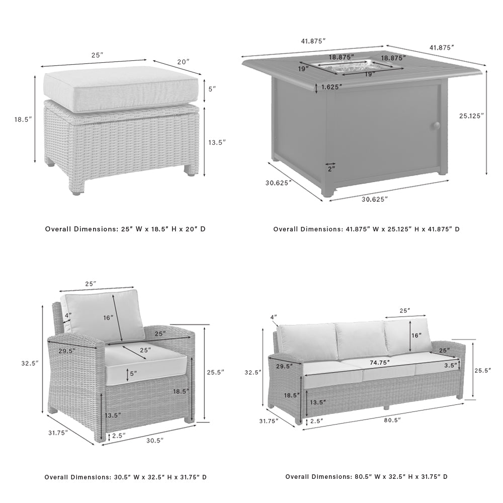 Bradenton 6Pc Outdoor Sofa Set W/Fire Table - Sunbrella White/Gray - Dante Fire Table, Sofa, 2 Armchairs & 2 Ottomans