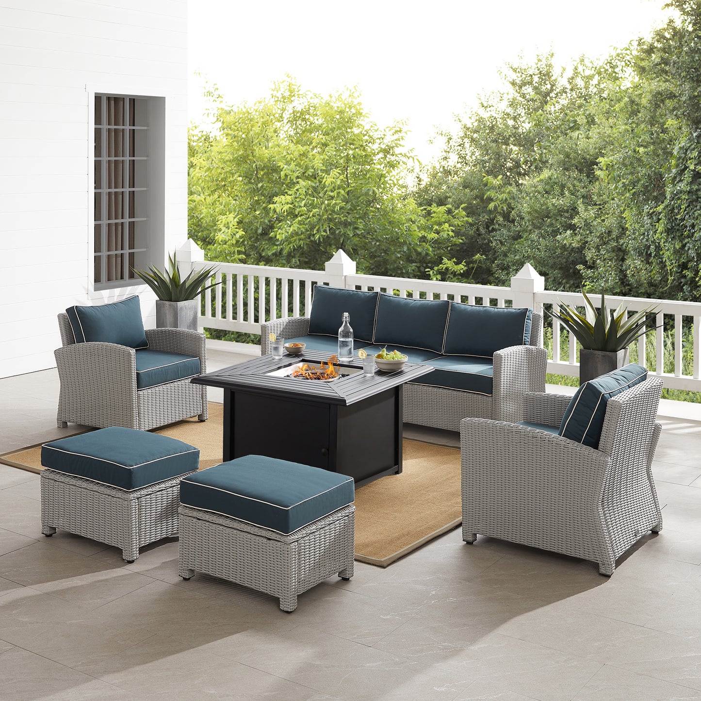 Bradenton 6Pc Outdoor Wicker Sofa Set W/Fire Table Navy/Gray - Sofa, Dante Fire Table, 2 Armchairs, & 2 Ottomans