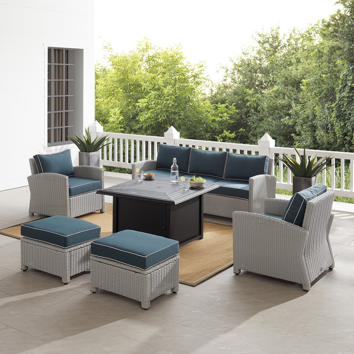 Bradenton 6Pc Outdoor Wicker Sofa Set W/Fire Table Navy/Gray - Sofa, Dante Fire Table, 2 Armchairs, & 2 Ottomans