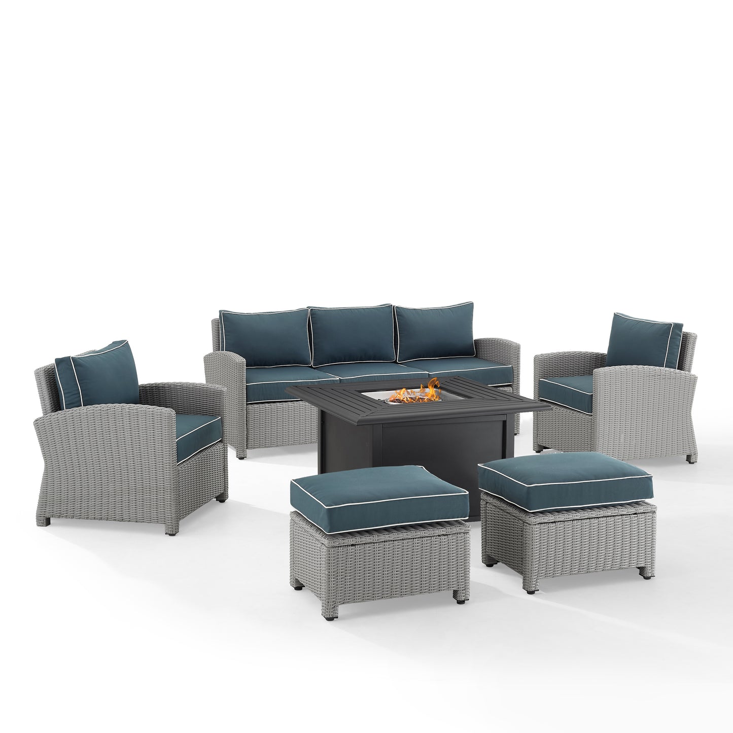 Bradenton 6Pc Outdoor Wicker Sofa Set W/Fire Table Navy/Gray - Sofa, Dante Fire Table, 2 Armchairs, & 2 Ottomans