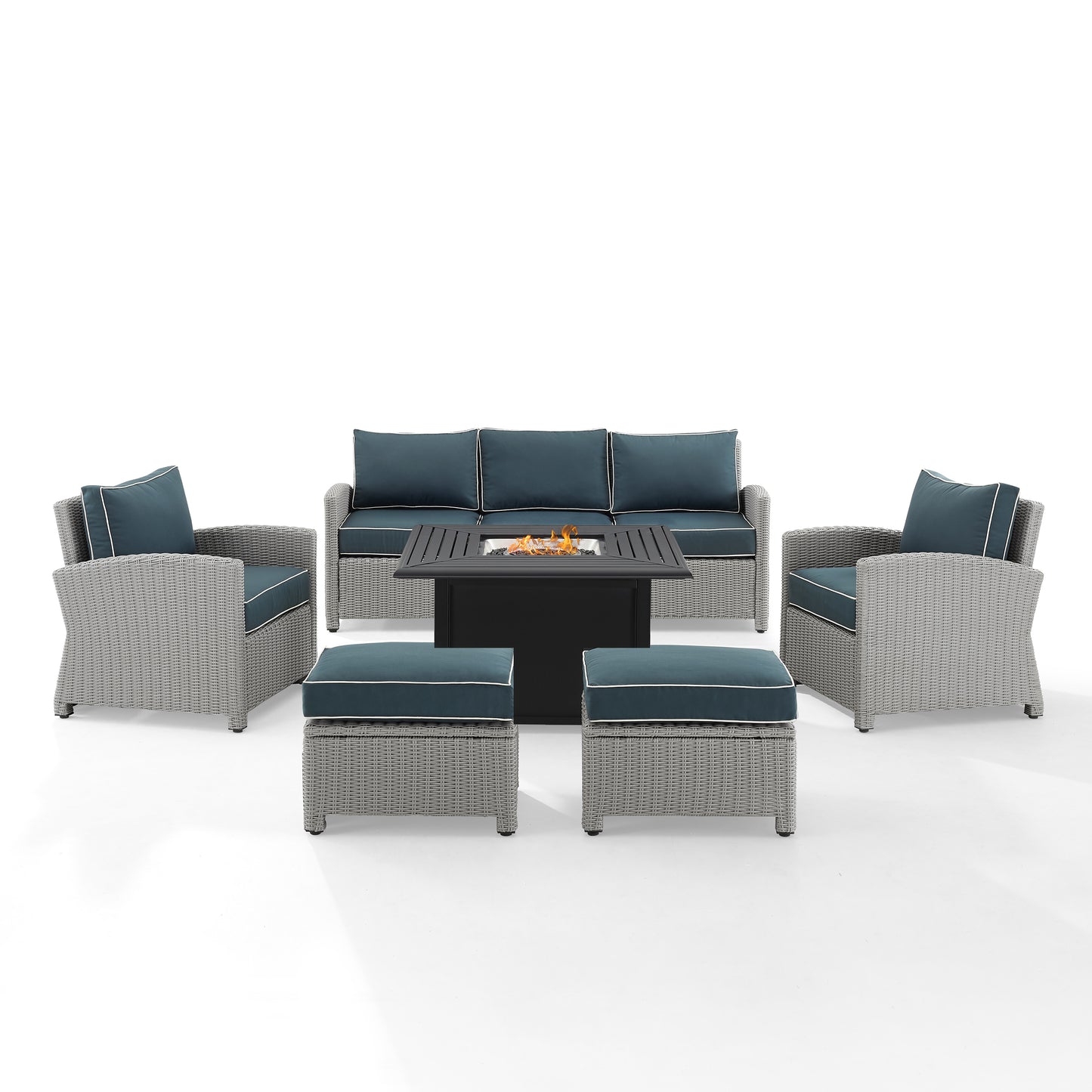 Bradenton 6Pc Outdoor Wicker Sofa Set W/Fire Table Navy/Gray - Sofa, Dante Fire Table, 2 Armchairs, & 2 Ottomans