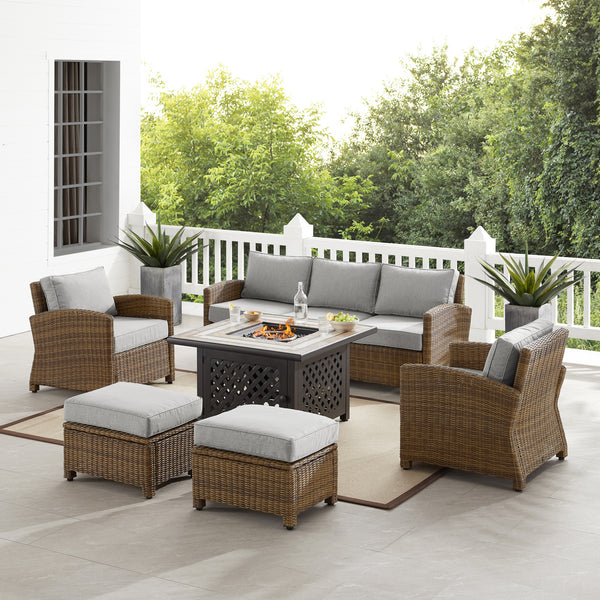 Bradenton 6Pc Outdoor Wicker Sofa Set W/Fire Table Gray/Weathered Brown - Tucson Fire Table, Sofa, 2 Armchairs & 2 Ottomans