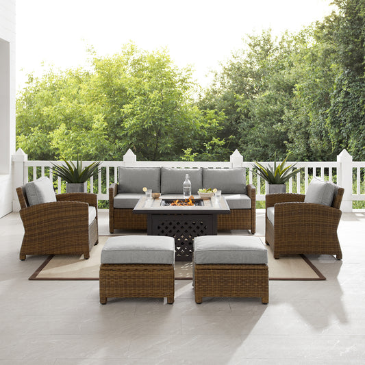 Bradenton 6Pc Outdoor Wicker Sofa Set W/Fire Table Gray/Weathered Brown - Tucson Fire Table, Sofa, 2 Armchairs & 2 Ottomans