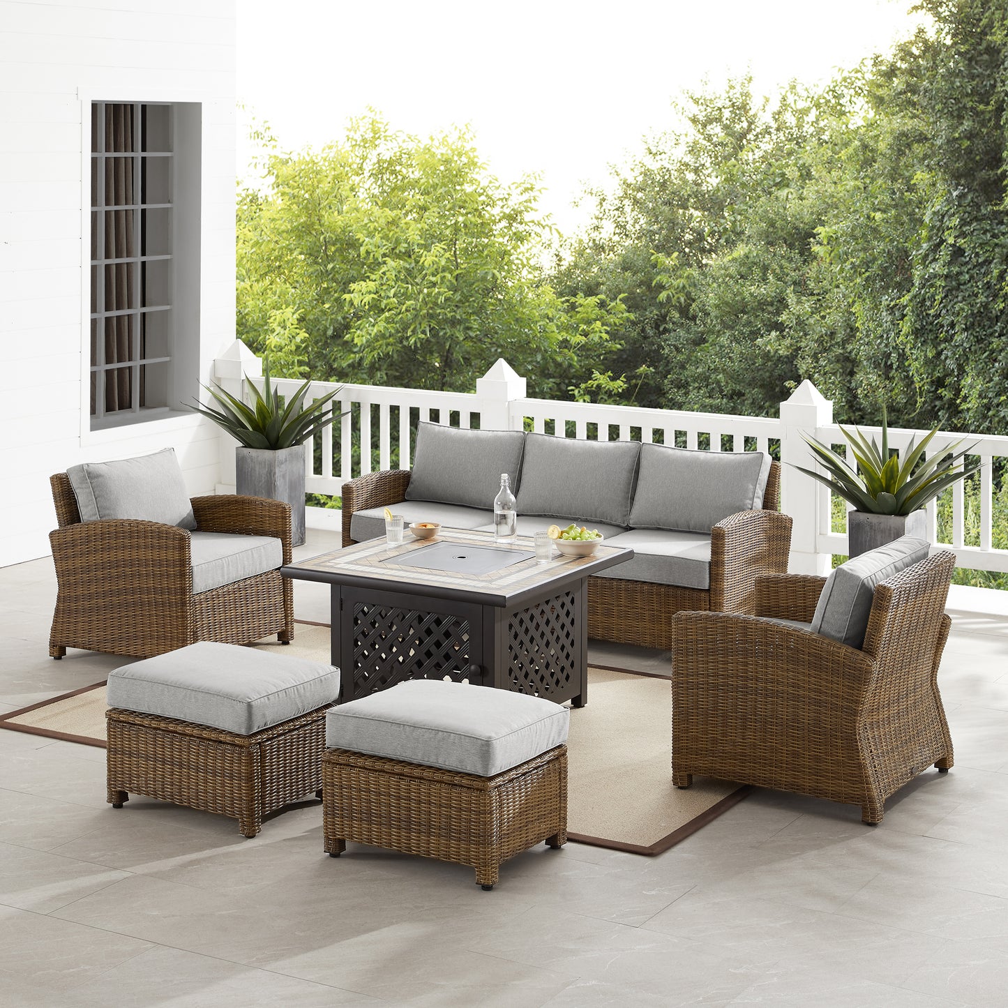 Bradenton 6Pc Outdoor Wicker Sofa Set W/Fire Table Gray/Weathered Brown - Tucson Fire Table, Sofa, 2 Armchairs & 2 Ottomans