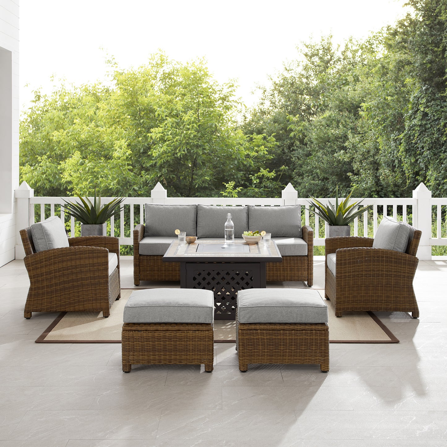 Bradenton 6Pc Outdoor Wicker Sofa Set W/Fire Table Gray/Weathered Brown - Tucson Fire Table, Sofa, 2 Armchairs & 2 Ottomans