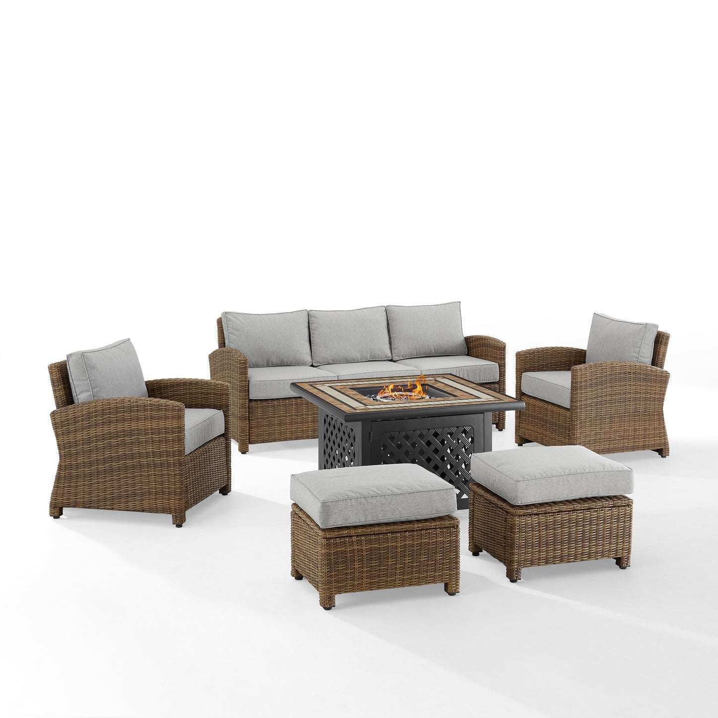 Bradenton 6Pc Outdoor Wicker Sofa Set W/Fire Table Gray/Weathered Brown - Tucson Fire Table, Sofa, 2 Armchairs & 2 Ottomans