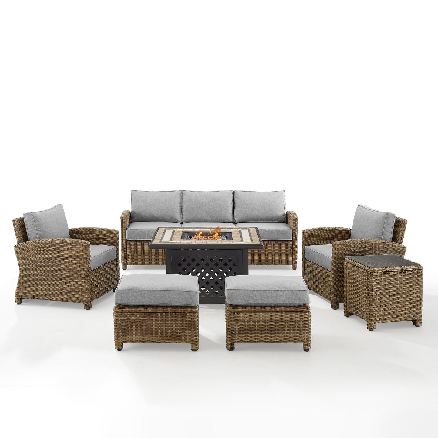 Bradenton 6Pc Outdoor Wicker Sofa Set W/Fire Table Gray/Weathered Brown - Tucson Fire Table, Sofa, 2 Armchairs & 2 Ottomans