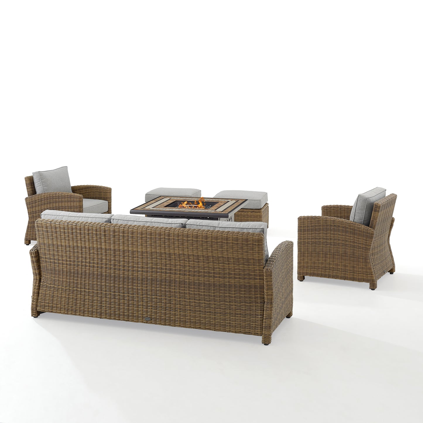 Bradenton 6Pc Outdoor Wicker Sofa Set W/Fire Table Gray/Weathered Brown - Tucson Fire Table, Sofa, 2 Armchairs & 2 Ottomans