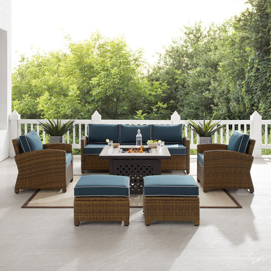 Bradenton 6Pc Outdoor Wicker Sofa Set W/Fire Table Navy/Weathered Brown - Tucson Fire Table, Sofa, 2 Armchairs & 2 Ottomans