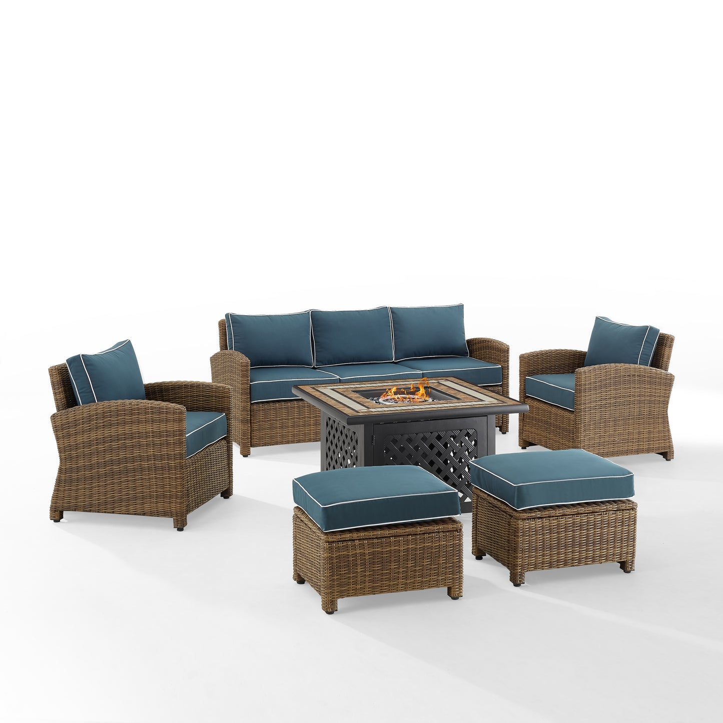 Bradenton 6Pc Outdoor Wicker Sofa Set W/Fire Table Navy/Weathered Brown - Tucson Fire Table, Sofa, 2 Armchairs & 2 Ottomans