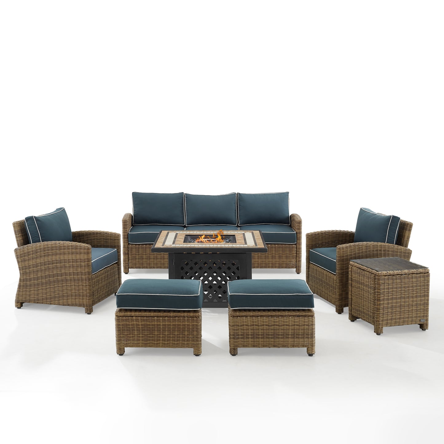 Bradenton 6Pc Outdoor Wicker Sofa Set W/Fire Table Navy/Weathered Brown - Tucson Fire Table, Sofa, 2 Armchairs & 2 Ottomans