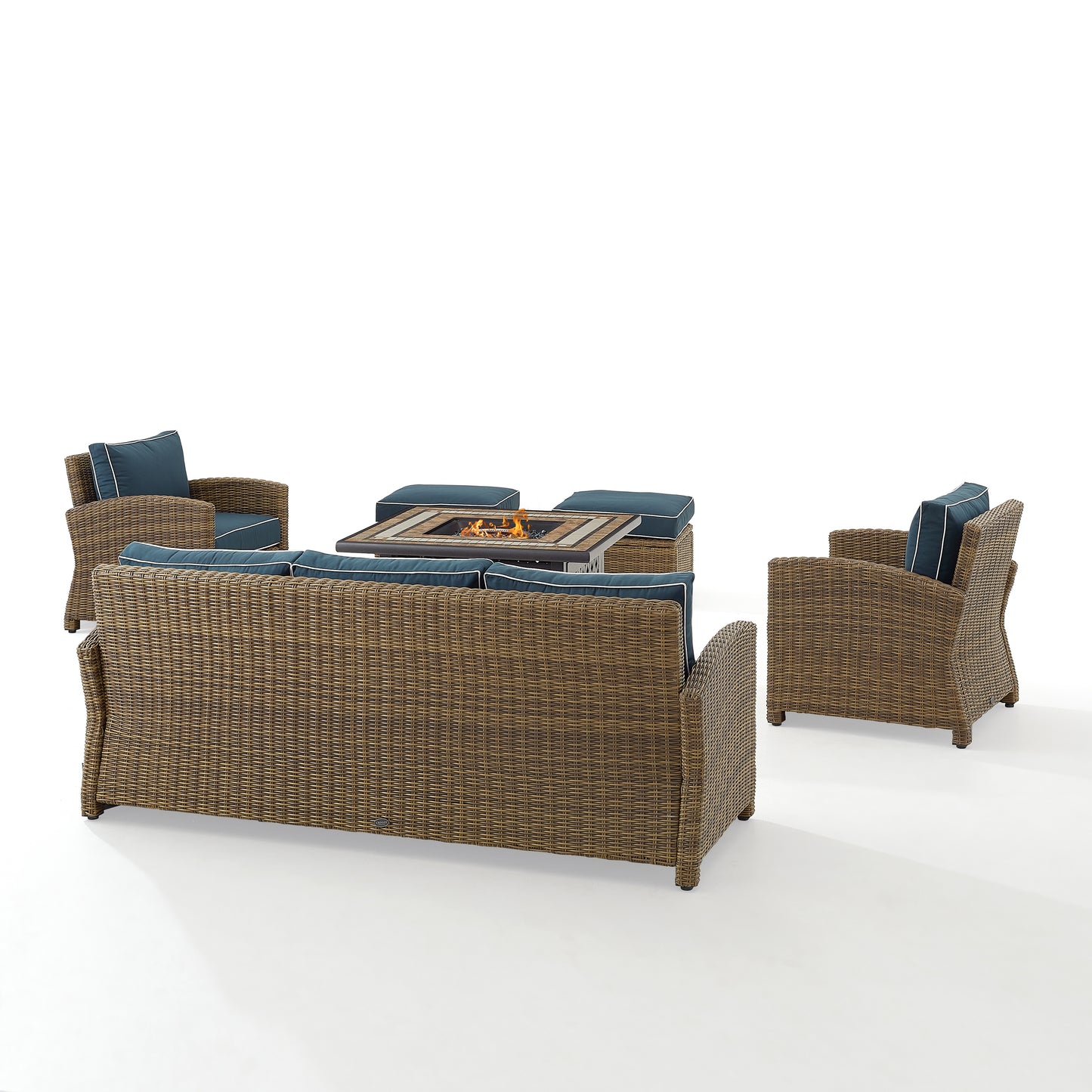 Bradenton 6Pc Outdoor Wicker Sofa Set W/Fire Table Navy/Weathered Brown - Tucson Fire Table, Sofa, 2 Armchairs & 2 Ottomans