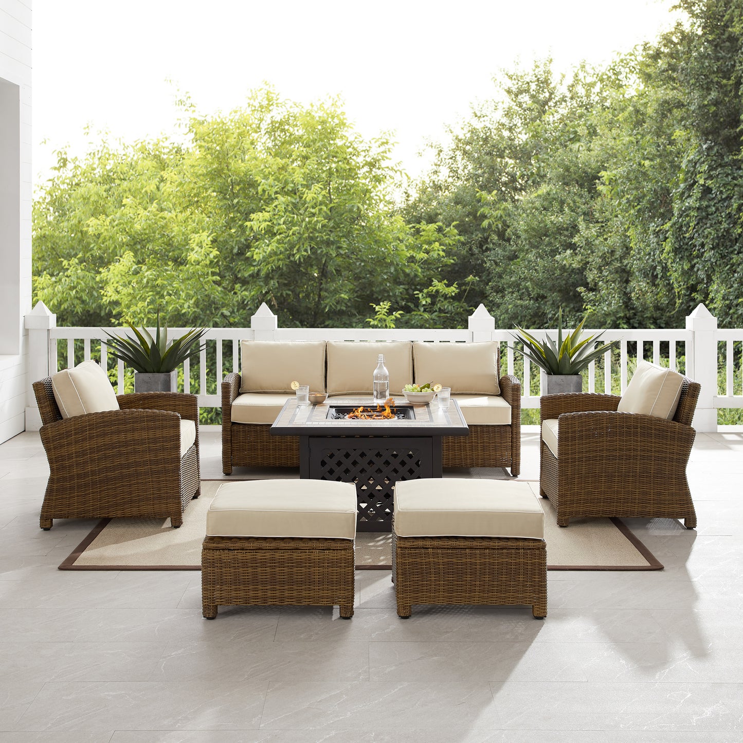 Bradenton 6Pc Outdoor Wicker Sofa Set W/Fire Table Sand/Weathered Brown - Tucson Fire Table, Sofa, 2 Armchairs & 2 Ottomans