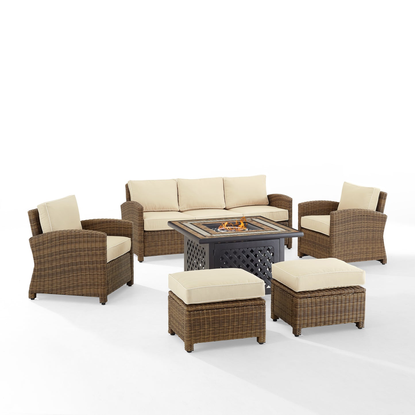 Bradenton 6Pc Outdoor Wicker Sofa Set W/Fire Table Sand/Weathered Brown - Tucson Fire Table, Sofa, 2 Armchairs & 2 Ottomans