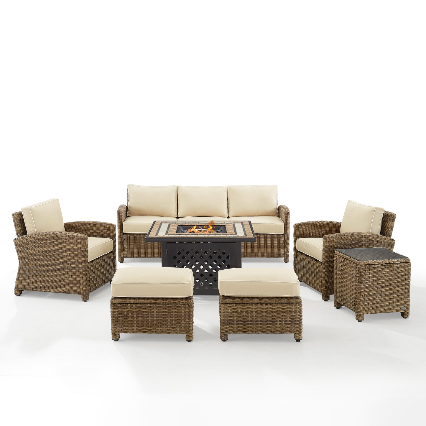 Bradenton 6Pc Outdoor Wicker Sofa Set W/Fire Table Sand/Weathered Brown - Tucson Fire Table, Sofa, 2 Armchairs & 2 Ottomans