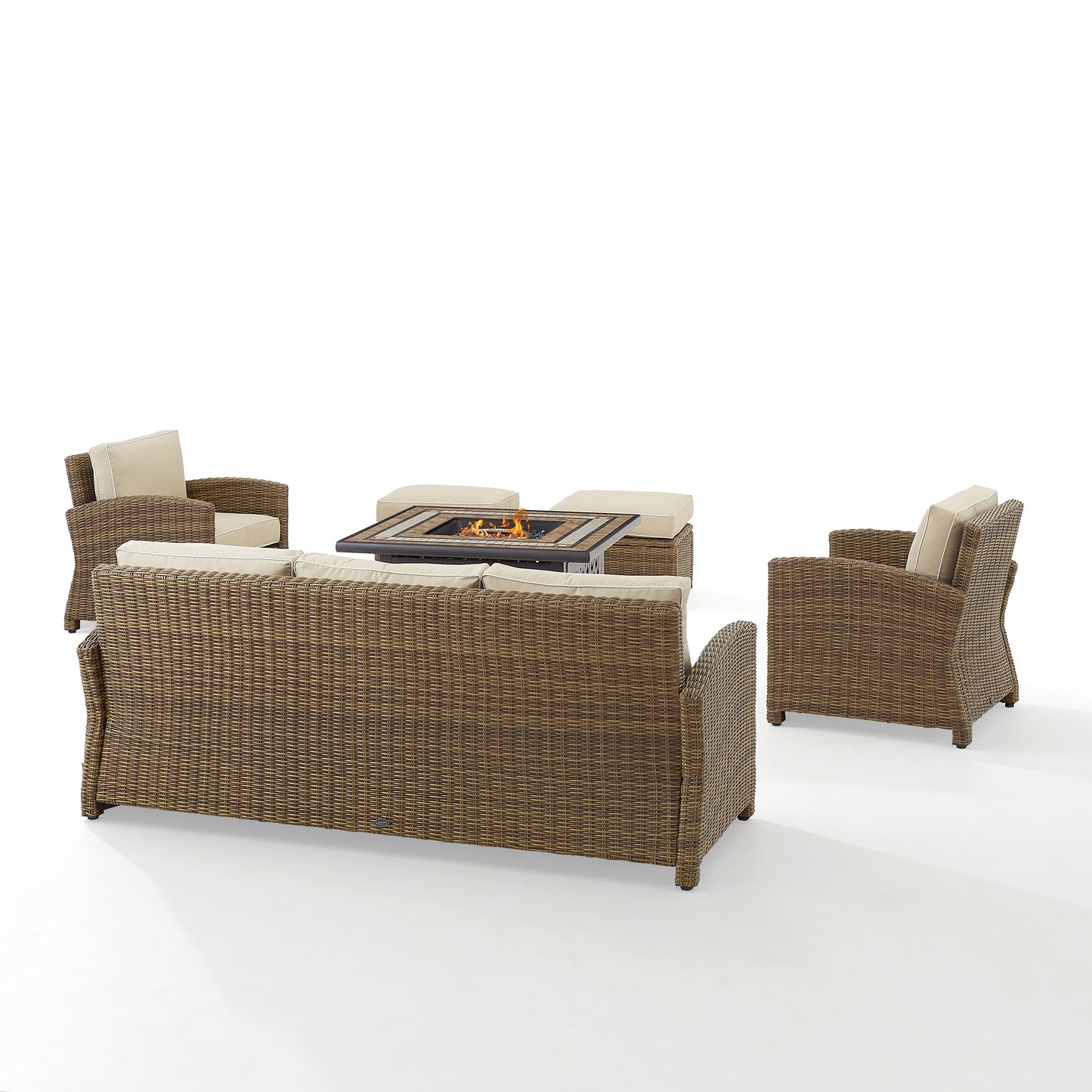 Bradenton 6Pc Outdoor Wicker Sofa Set W/Fire Table Sand/Weathered Brown - Tucson Fire Table, Sofa, 2 Armchairs & 2 Ottomans