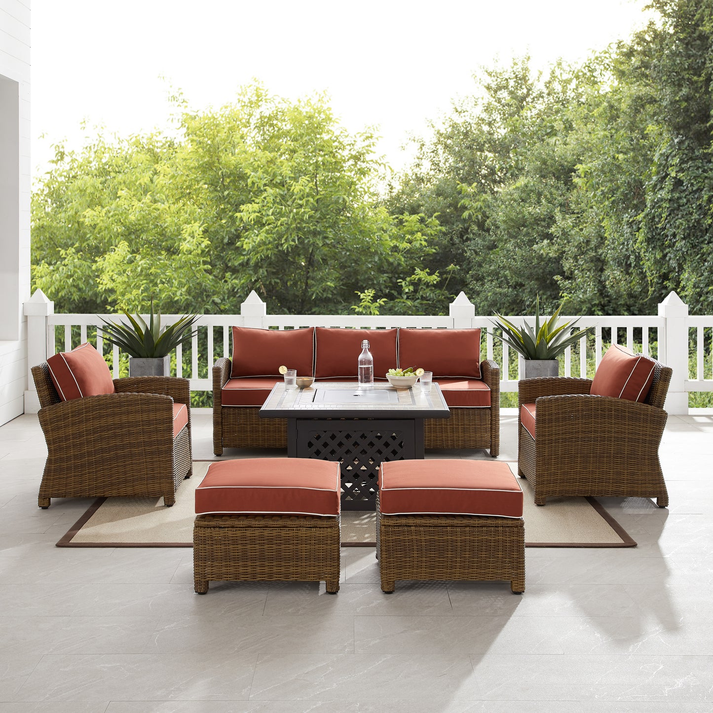 Bradenton 6Pc Outdoor Wicker Sofa Set W/Fire Table Sangria/Weathered Brown - Tucson Fire Table, Sofa, 2 Armchairs & 2 Ottomans