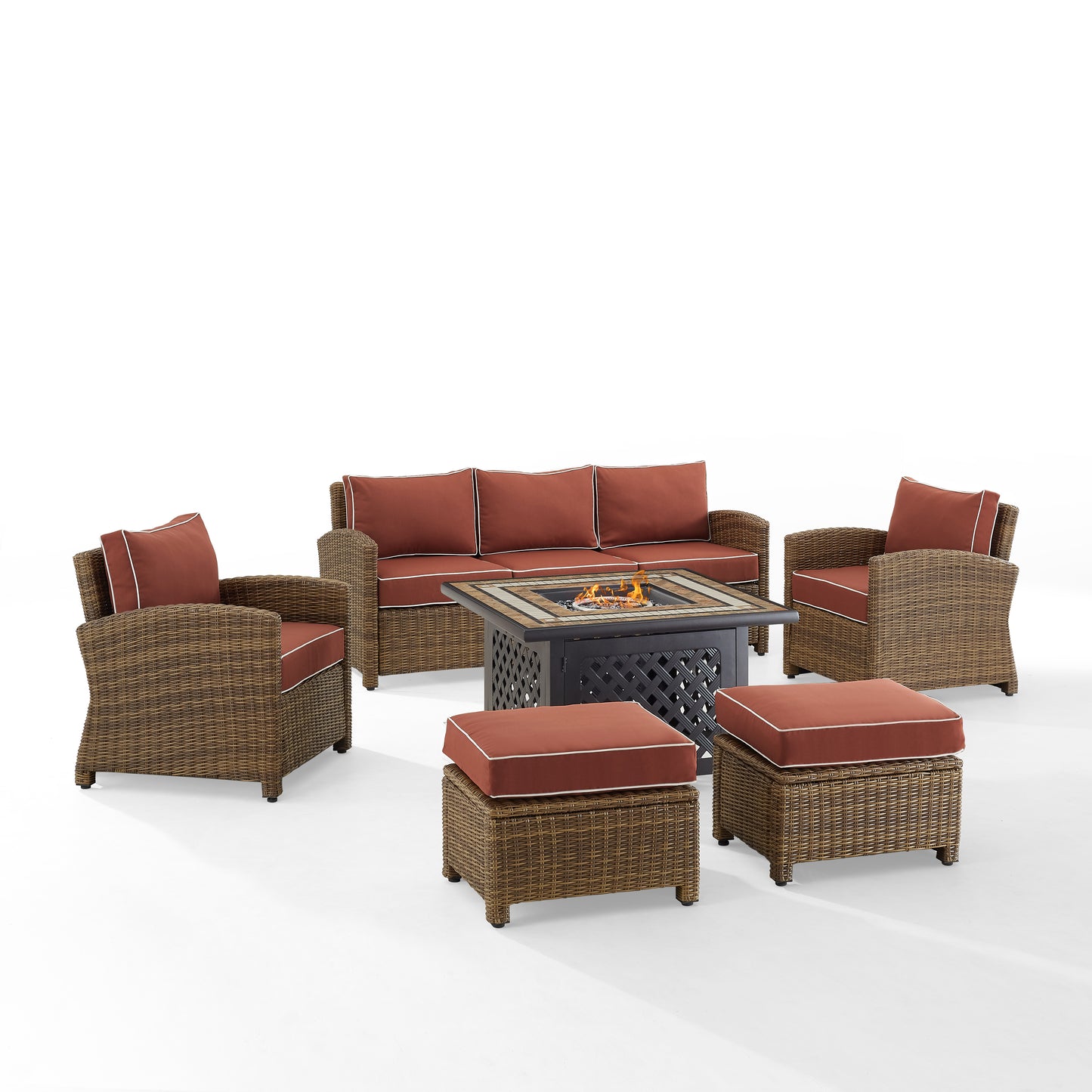 Bradenton 6Pc Outdoor Wicker Sofa Set W/Fire Table Sangria/Weathered Brown - Tucson Fire Table, Sofa, 2 Armchairs & 2 Ottomans