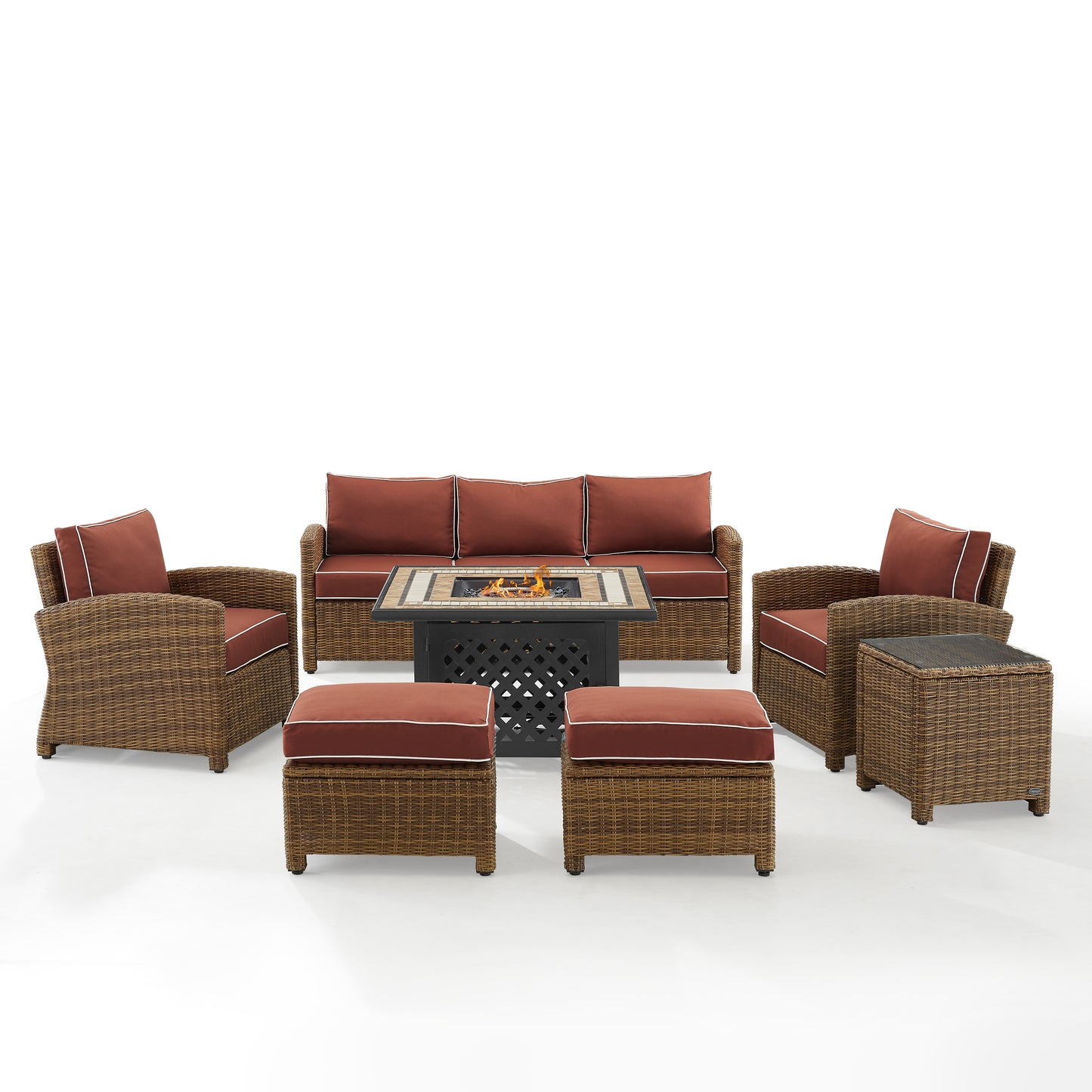 Bradenton 6Pc Outdoor Wicker Sofa Set W/Fire Table Sangria/Weathered Brown - Tucson Fire Table, Sofa, 2 Armchairs & 2 Ottomans