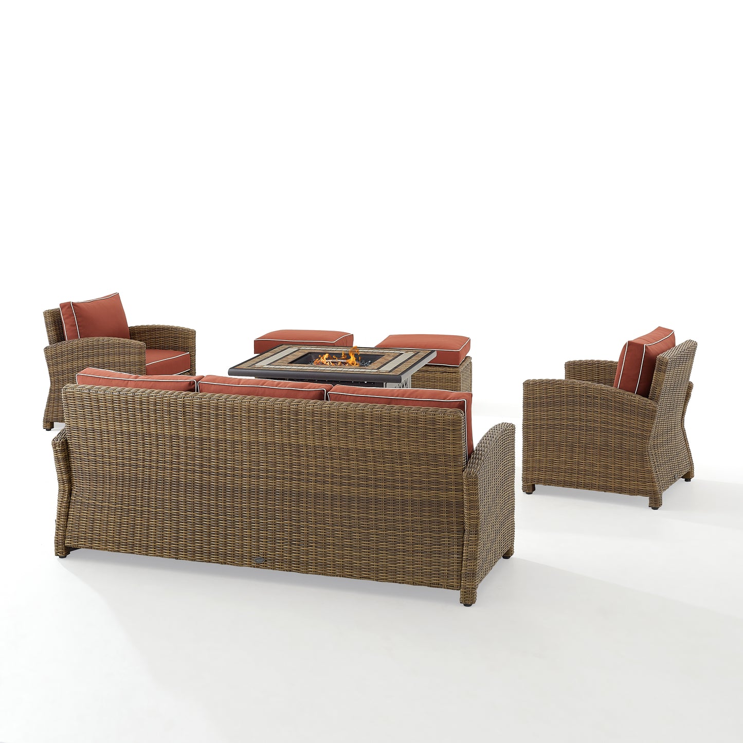 Bradenton 6Pc Outdoor Wicker Sofa Set W/Fire Table Sangria/Weathered Brown - Tucson Fire Table, Sofa, 2 Armchairs & 2 Ottomans