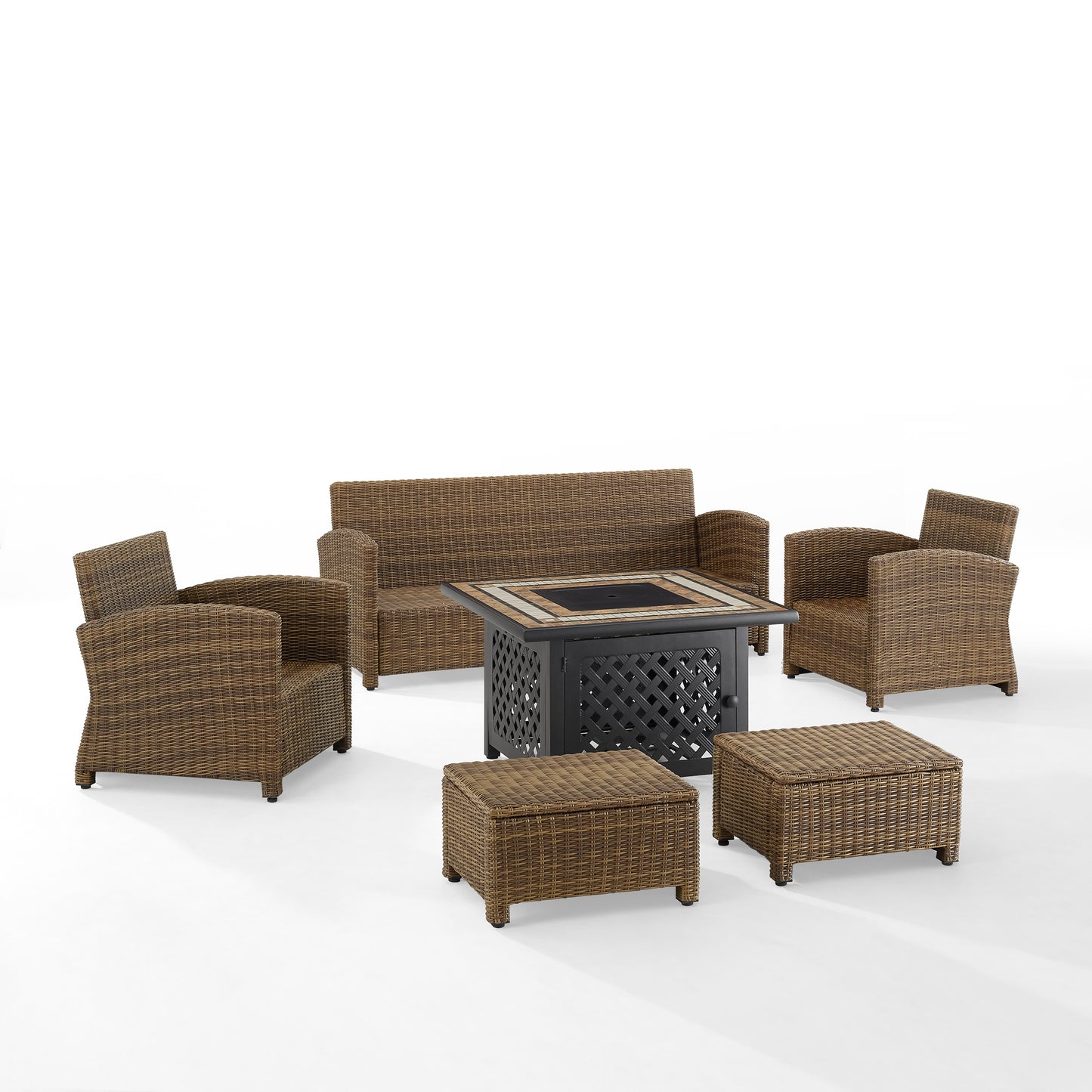 Bradenton 6Pc Outdoor Wicker Sofa Set W/Fire Table Sangria/Weathered Brown - Tucson Fire Table, Sofa, 2 Armchairs & 2 Ottomans